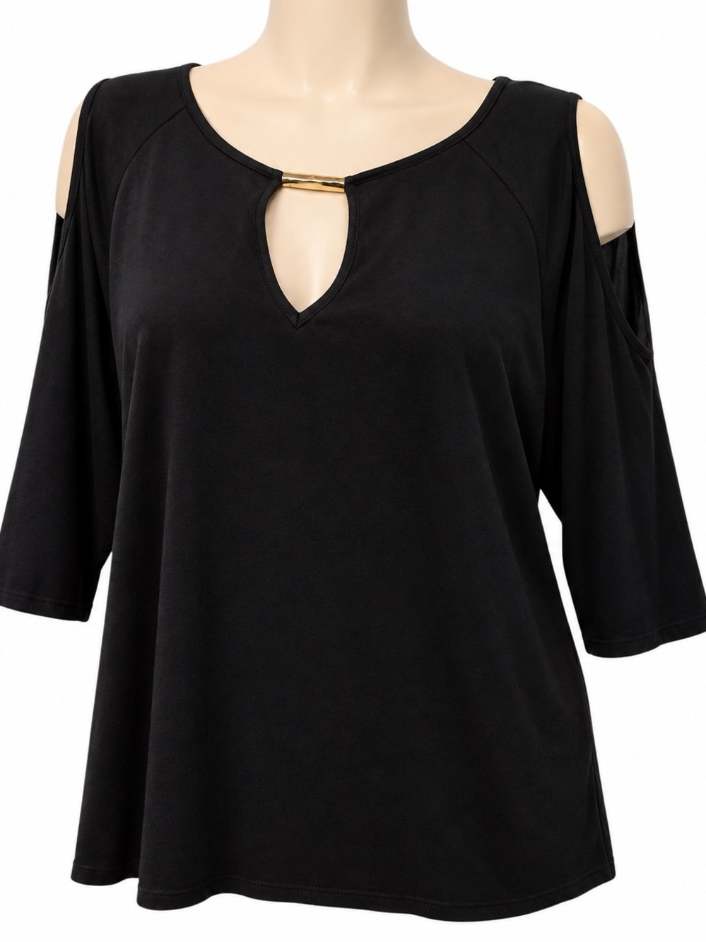 Michael Kors Black Cold-Shoulder Keyhole Top with Gold Accent Size 1X